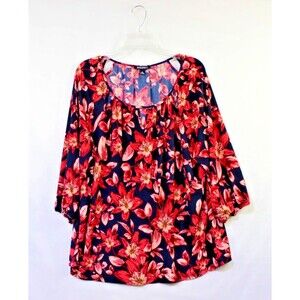 Roz & Ali XL Black Red Flower Print Pleated Peasant Blouse Bohemian
